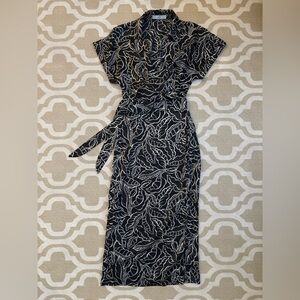 Mango Black and Cream Leaf Pattern Midi Dress